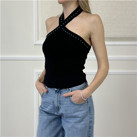 Top In Maglia Con Scollo Halter E Borchie Art. 261ap3121 Top In Maglia Con Scollo Halter E Borchie Art. 261ap3121, Taglia: S, Colore: NERO