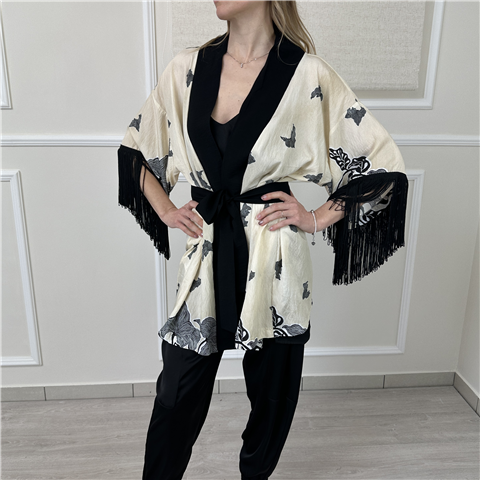 Kimono Fantasia Con Cintura E Frange Art. 240009, Taglia: U, Colore: IVORY/NERO