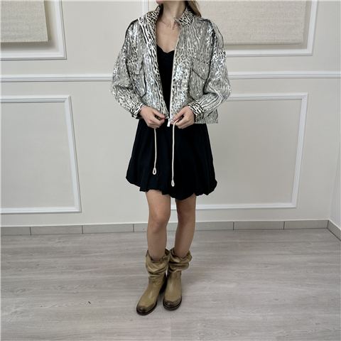 Giubbino Animalier Con Coulisse In Vita E Paillettes Art. 217006 Giubbino Animalier Con Coulisse In Vita E Paillettes Art. 217006, Taglia: S, Colore: GREY
