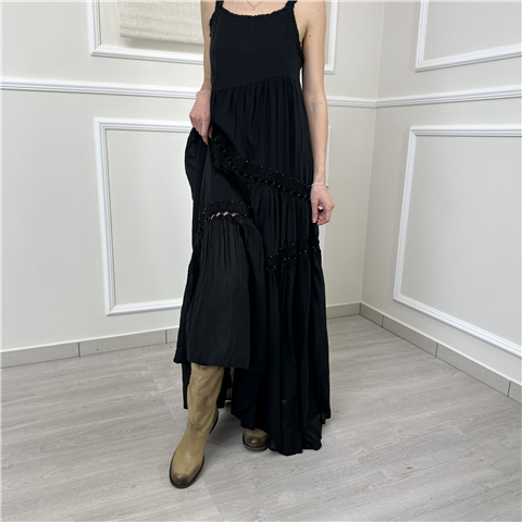 Abito Lungo Bretellina Con Motivo Traforato Art. 211022, Taglia: M, Colore: NERO