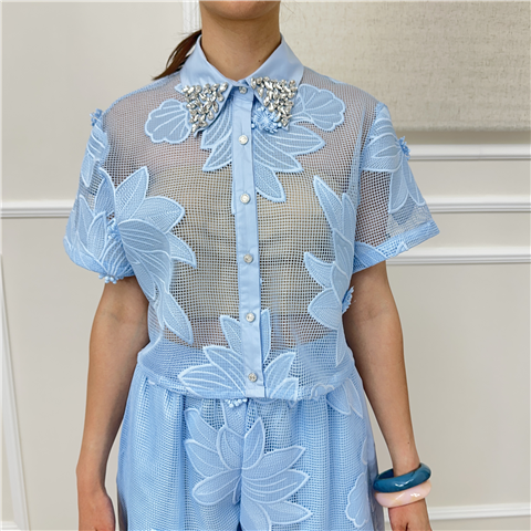Camicia Traforata Con Ricami E Strass Tpn Art. Freerc, Taglia: M, Colore: CELESTE