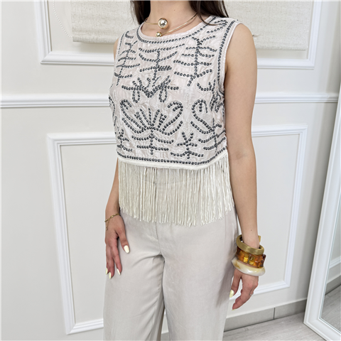 Blusa Con Borchie E Frange Art. 210026, Taglia: L, Colore: IVORY