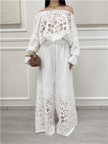 Pantalone Palazzo Con Ricami Sangallo, Taglia: S, Colore: BIANCO