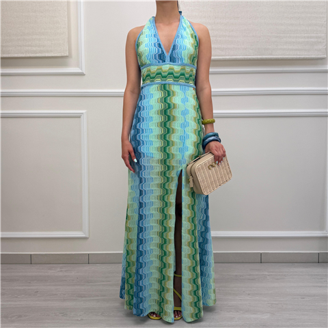 Abito Lungo Fantasia Sky Green, Taglia: L, Colore: SKY GREEN