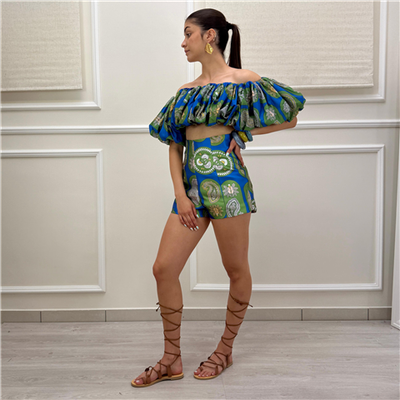 Crop Top Fantasia Paisley Con Maniche Balloon Crop Top Fantasia Paisley Con Maniche Balloon