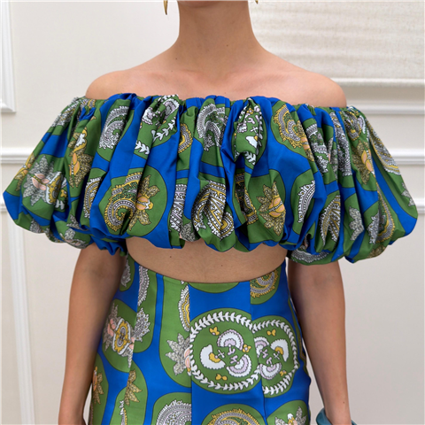 Crop Top Fantasia Paisley Con Maniche Balloon Crop Top Fantasia Paisley Con Maniche Balloon, Taglia: S, Colore: VERDE/AZZURRO