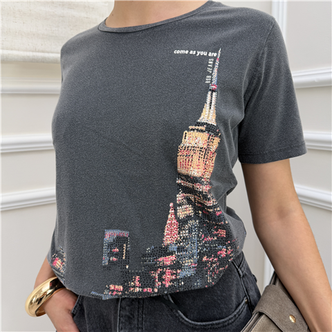 T-shirt Con Stampa E Strass, Taglia: L, Colore: CARBONE