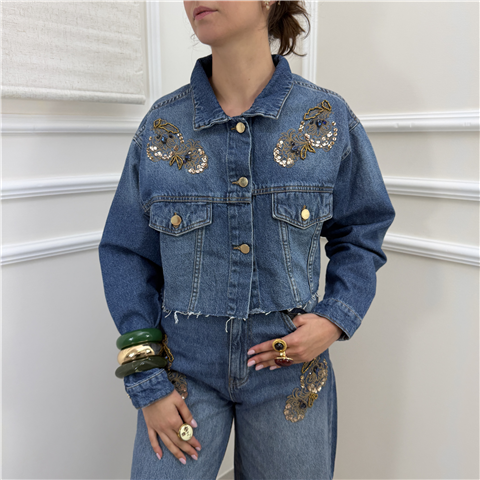 Giacca Cropped In Denim, Taglia: L, Colore: DENIM BLU