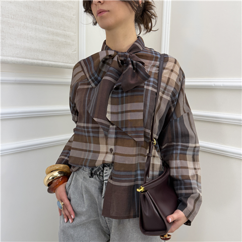 Camicia Check Con Fiocco, Taglia: M, Colore: TOFFEE