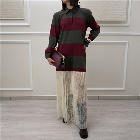 Abito Polo A Righe Con Gonna In Pizzo Abito Polo A Righe Con Gonna In Pizzo, Taglia: U, Colore: BORDEAUX/MILITARE