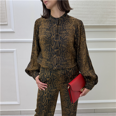 Camicia Con Collo Alla Coreana E Stampa Pitone, Taglia: 38, Colore: NUT/BLACK
