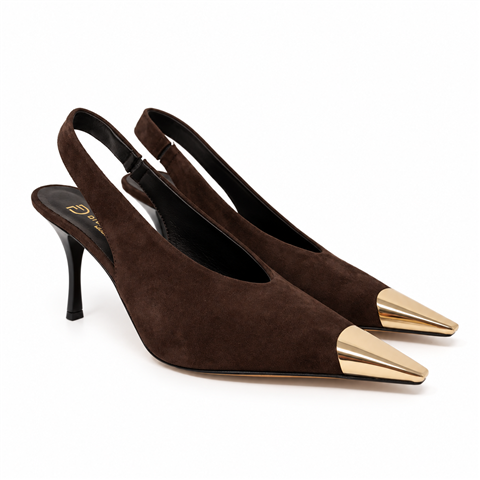 Slingback Camoscio Con Punta Metallica Quadrata, Taglia: 36, Colore: MORO