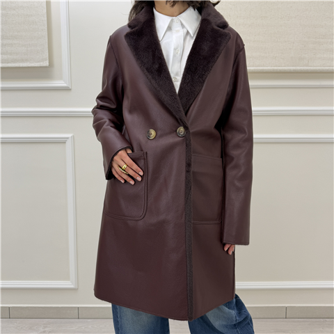 Giacca Doppiopetto Reversibile In Ecopelle Ed Ecopelliccia, Taglia: 36, Colore: BORGOGNA