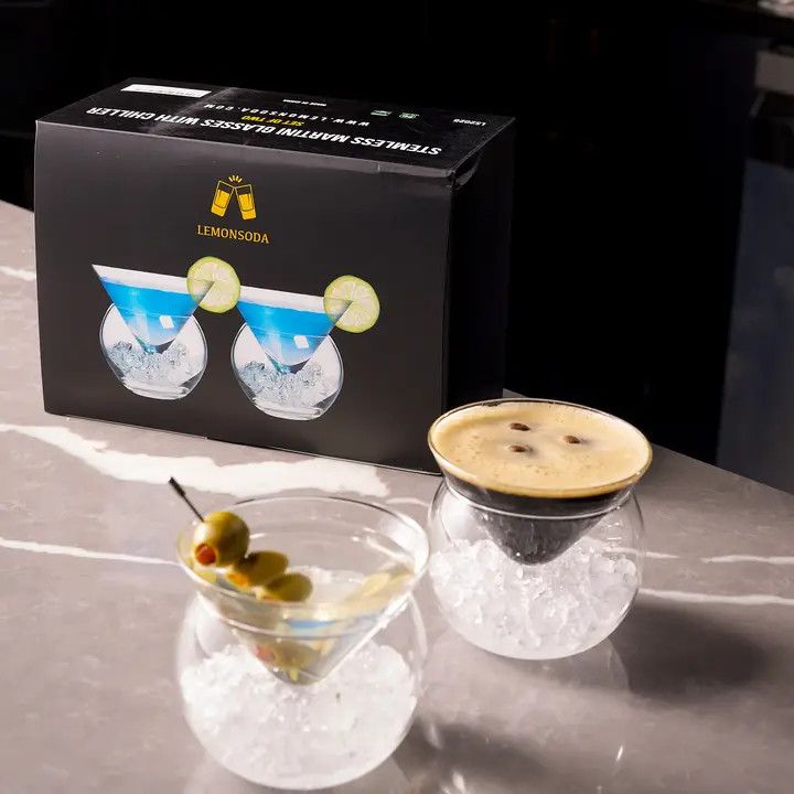 (F/L) Stemless Martini Glasses with Chiller Set of 2