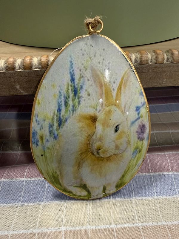 (F) Metal Bunny Ornament 5”. (Bl glad turn)