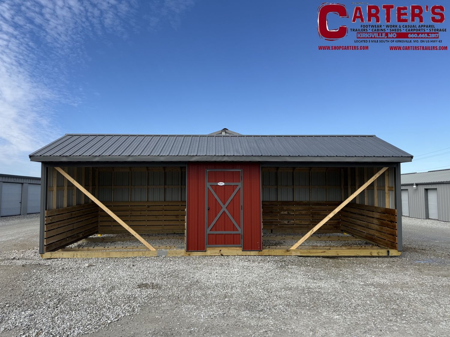 *NEW* 12' X 30' RED &amp; CHARCOAL MAINTENANCE-FREE STEEL EXTERIOR - ANIMAL SHELTER WITH TACK ROOM &amp; (2) 12' X 12' LOAFING AREAS!