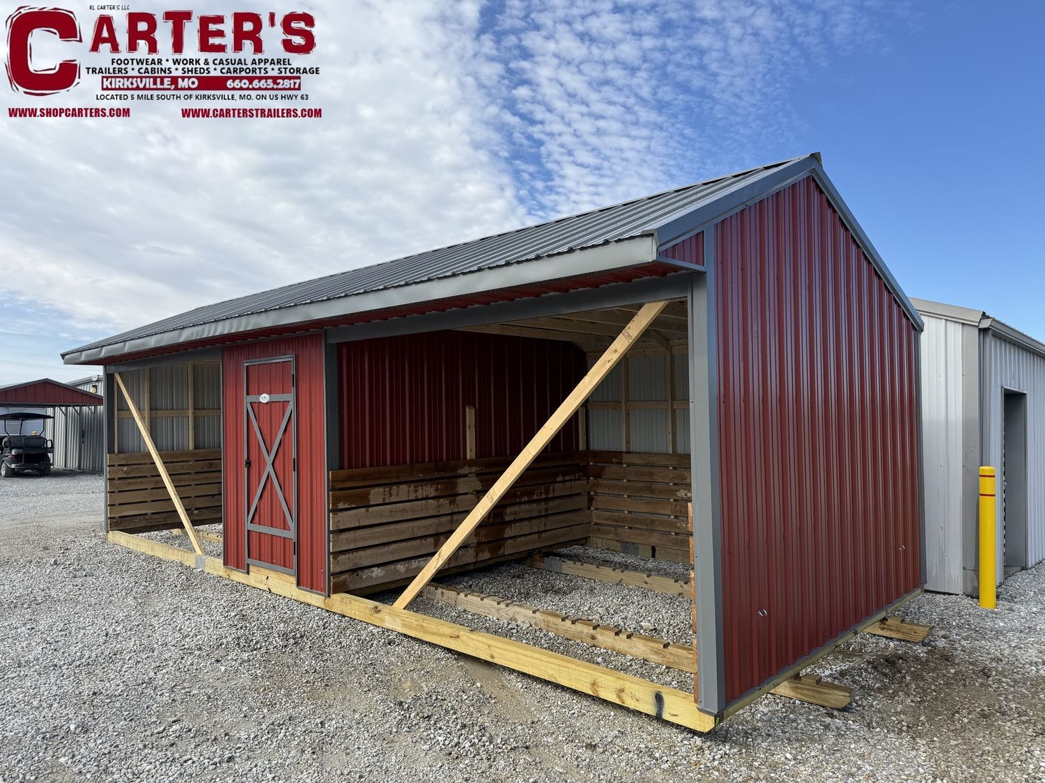 *NEW* 12' X 30' RED &amp; CHARCOAL MAINTENANCE-FREE STEEL EXTERIOR - ANIMAL SHELTER WITH TACK ROOM &amp; (2) 12' X 12' LOAFING AREAS!
