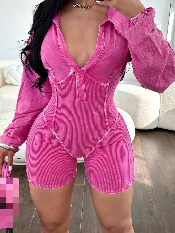 Fashion Acid Wash Denim Jumpsuit Sexy Deep V Neck Romper Tight Waist Short Bodysuits for Women