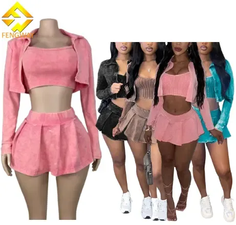 New Summer Acid Washed Women Clothes Set Tank Top and Pleated Skirt Set Long Sleeve Cop Top 3 Piece Sets for Women