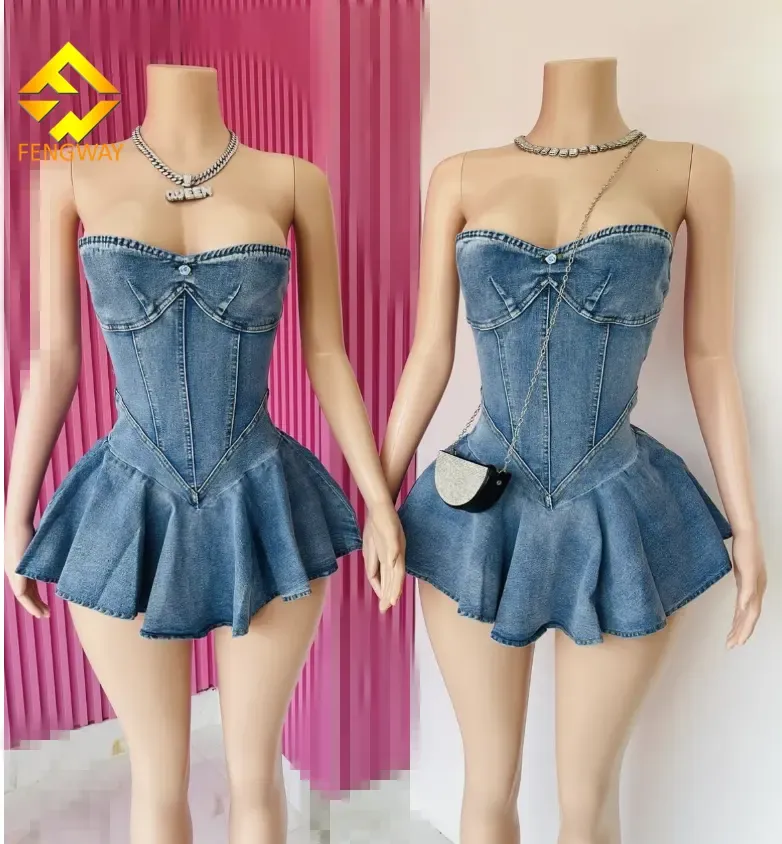 New Arrivals Female Short Dress Summer Sexy Stretch Mini Dress Sleeveless Tube Woman Denim Dress