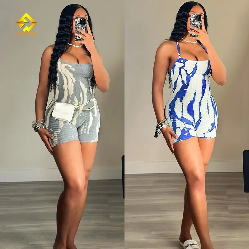 Summer Women’s Yoga Jumpsuit – Biker Tie Dye Patchwork Ribbed Knit Shorts Jumpsuit – Trendy Activewear for Women
