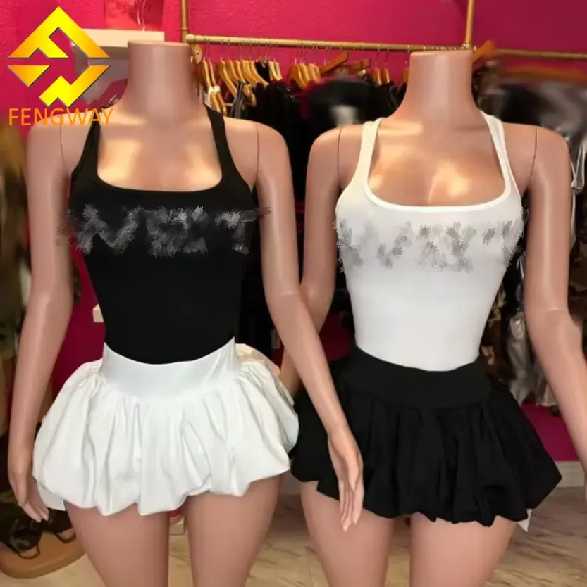 Summer Women’s 2-Piece Set – Rhinestone Letter Tank Top &amp; Bubble Skirt – Trendy Tweed Puffer Skirt Set for Ladies