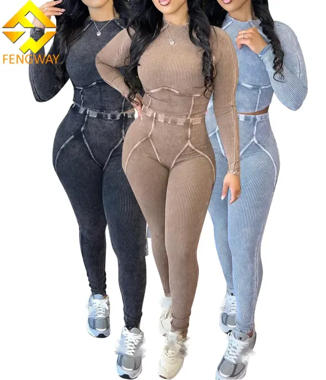 Women’s Casual 2-Piece Set – Ribbed Acid Wash High Waist Bodycon Outfit with Long Sleeves – Fall Fashion for Ladies