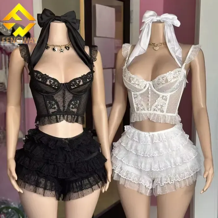 New Arrivals 2025 Summer Female Set With Bows Sexy Lace Corset Match Shorts Two Pieces Shorts Set