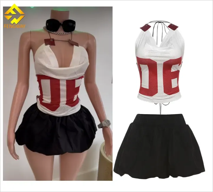 Mesh Halter Jersey Top Vest Match Puff Skirt Two Piece Set