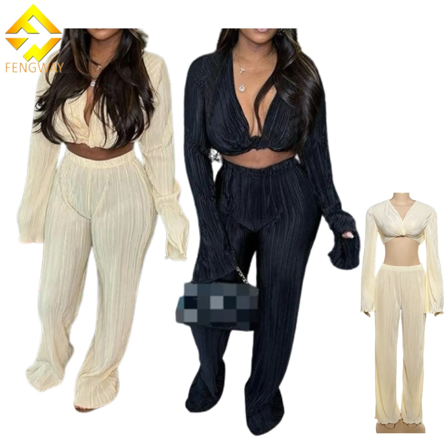 Women’s Casual Fashion 2-Piece Set – Solid Color V-Neck Lace-Up Top with Flared Sleeves &amp; High-Waisted Loose Pants