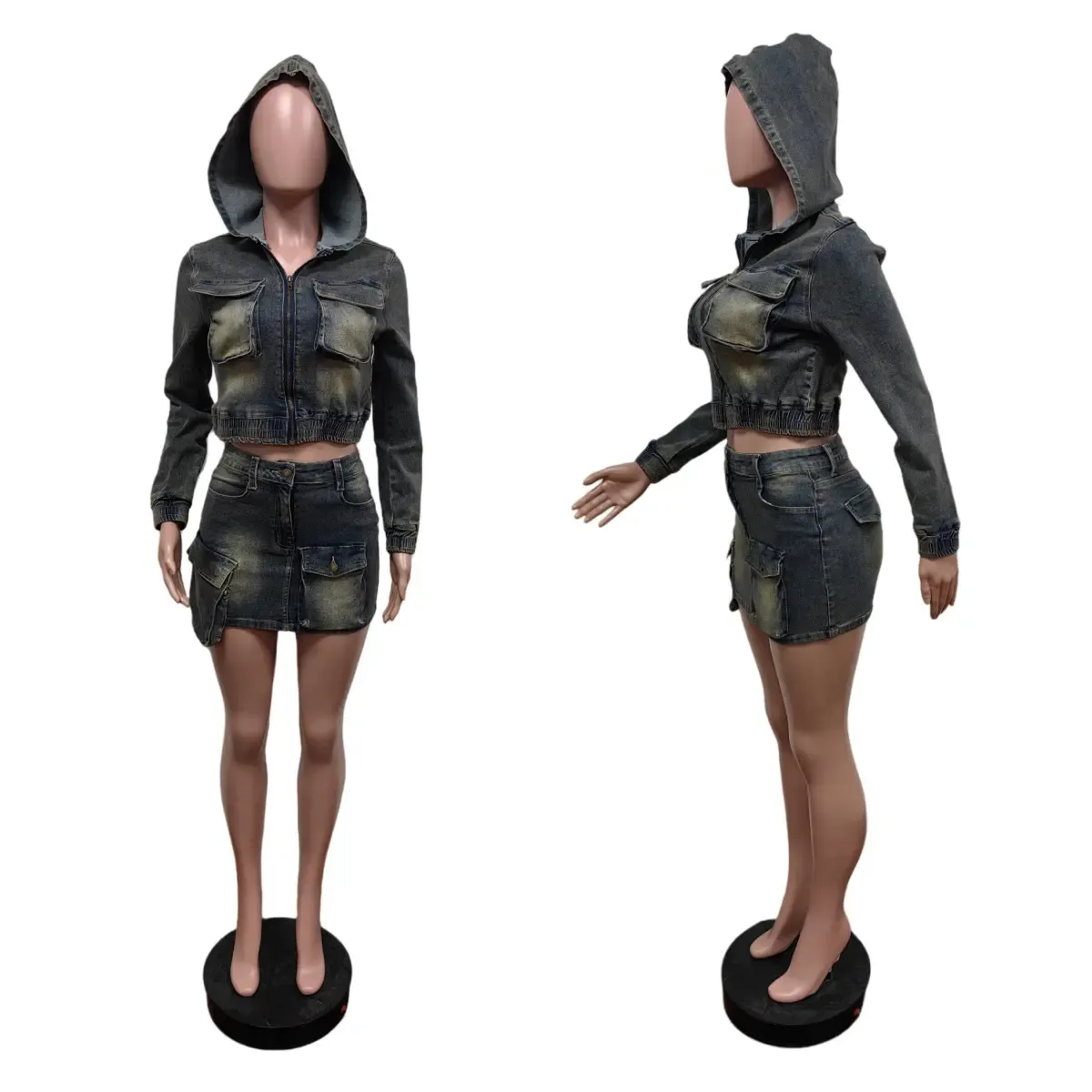 Spring Casual Elastic Sexy Zipper Jeans Street Wear Long Sleeve Denim Jacket and Shorts Matching Suits 2 Piece Set