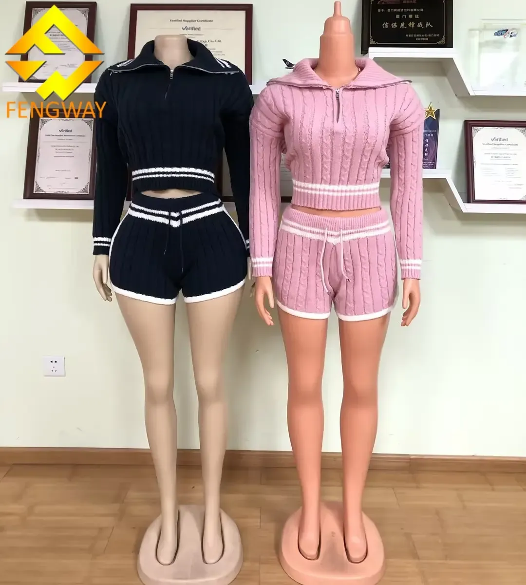 Casual Patchwork Sweater 2 Piece Set for Women Turn Down Neck Zipper Jacket and High Waist Slim Knitted Shorts Set