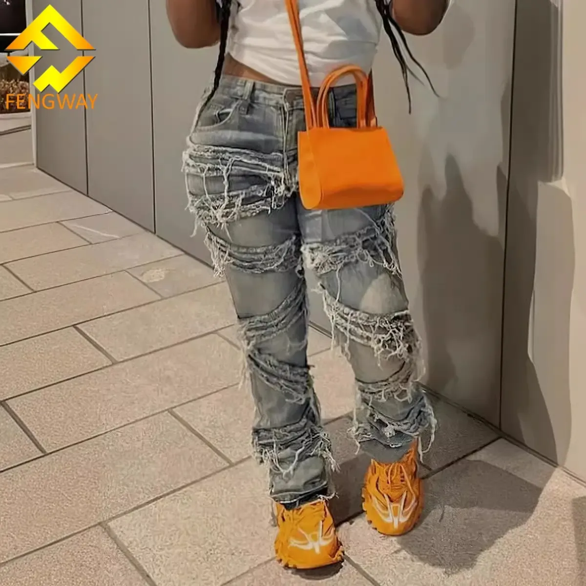 Women’s Casual High Waist Tassel Jeans – Denim Blue Fashion Baggy Pants with Patchwork Design – Trendy Trousers for Women