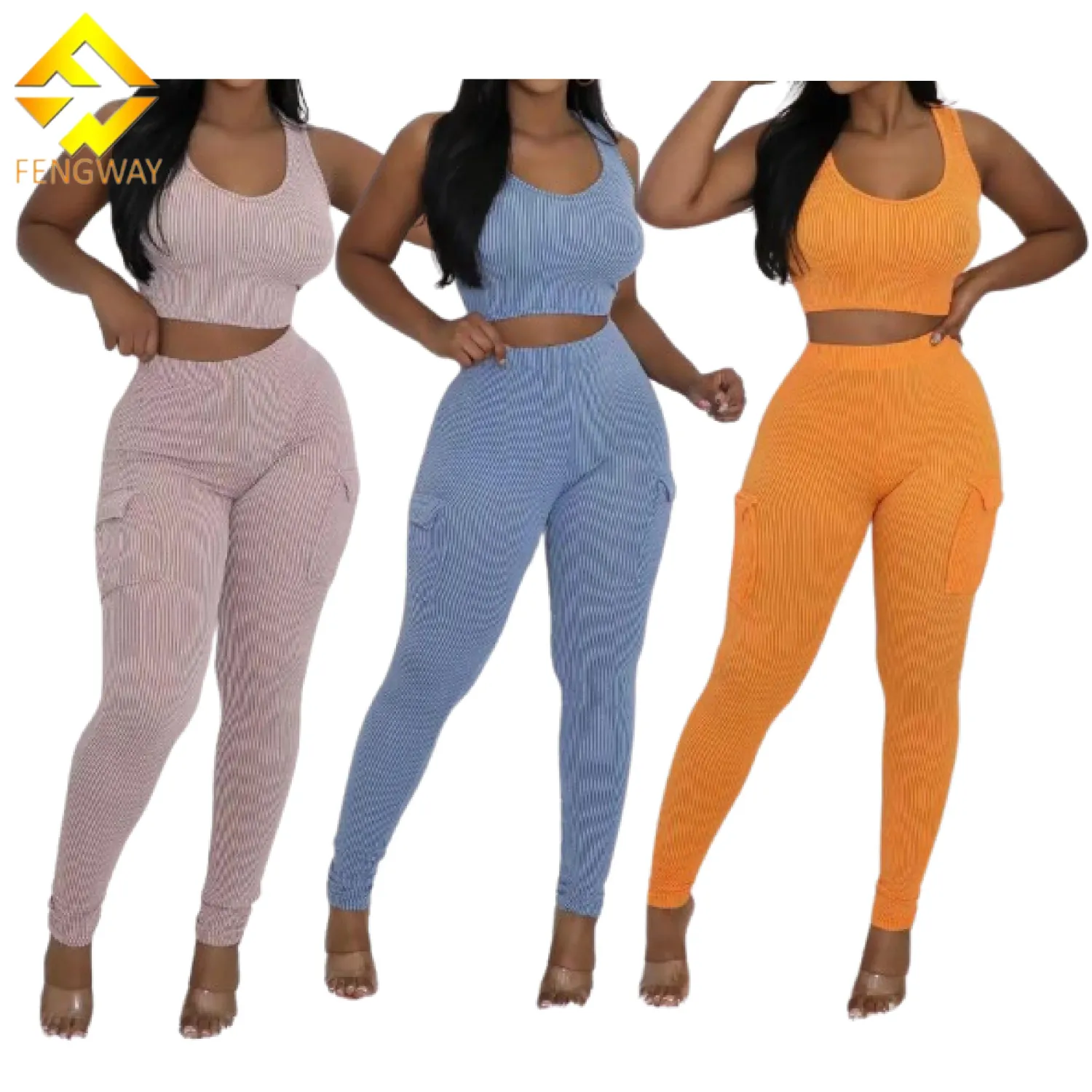 Casual Simple Solid Color Vest Large Pocket Leggings Two-Piece Set for Women
