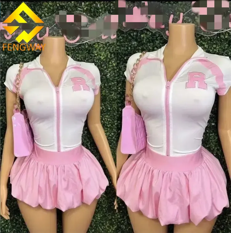 New Fashion Casual Two Piece Sets Summer Letter Zip up T Shirt With Bubble Skirt Ladies Skirt Puffer Women Outfits