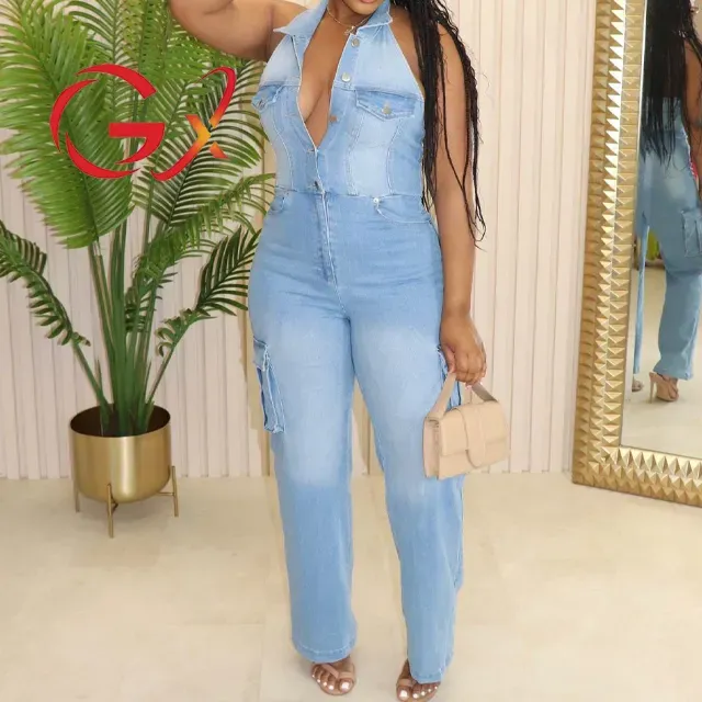 Fashion Summer Sleeveless Jeans One Piece Play Suit Zipper Halter Backless Denim Romper and Jumpsuit Women