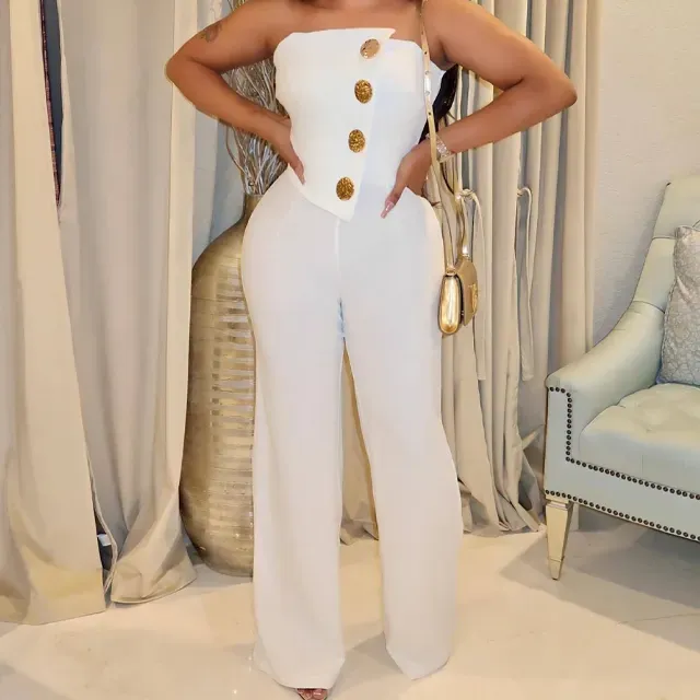Summer Women’s Sleeveless Tube Jumpsuit – Irregular One-Piece with Big Button Design – Trendy and Comfortable