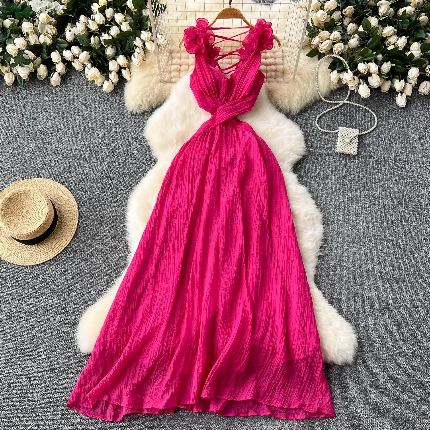 Fashion Vintage Deep V-neck Backless Ruffled Styles Sleeveless Summer Maxi Dress Sexy A-line Elegant Casual Party Dresses