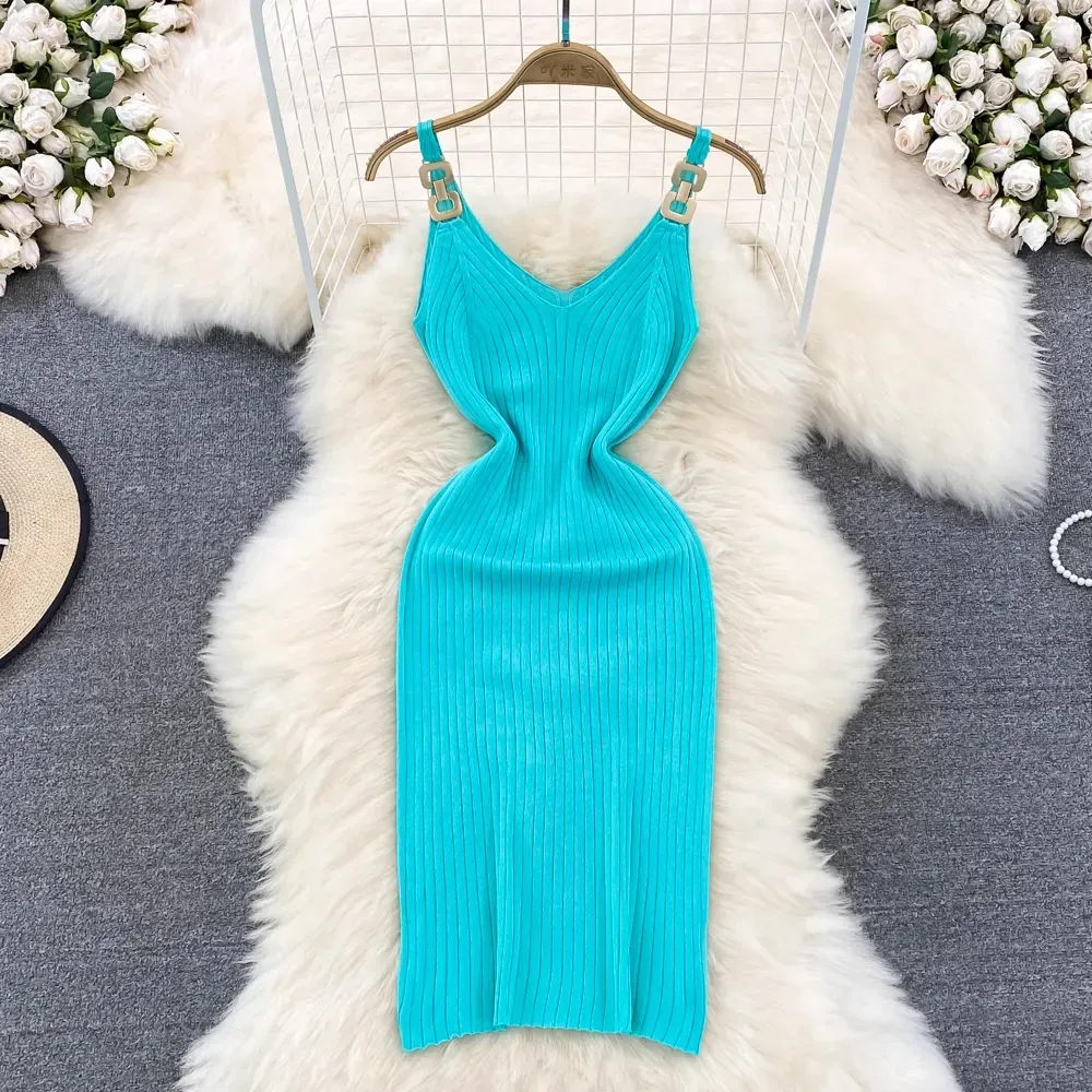 Fashion Solid Summer Clothing Boutique Sleeveless Metal Decoration Design Knitted Dress Elegant Casual Knit Midi Dresses