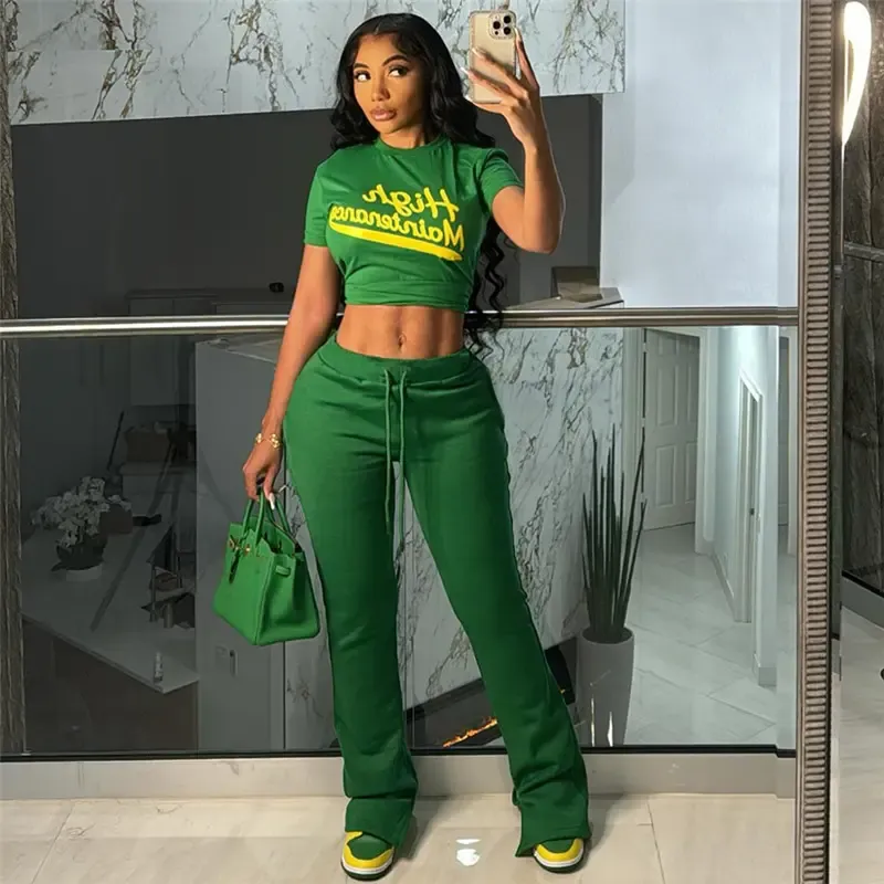 Fashion Women Clothes Boutique Summer Street Wear Unique Short Sleeve Letter Print O-neck T-shirt and Pant 2 Piece Set