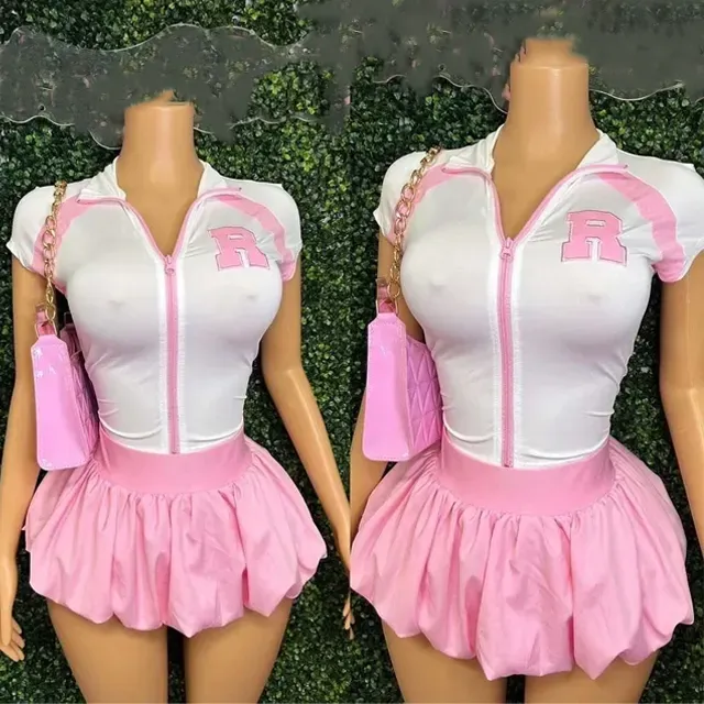 Fashion Summer Clothes Vendor Sexy Street Wear Short Sleeve Letter Printed Zipper Top and Mini Bubble Skirt 2 Piece Set