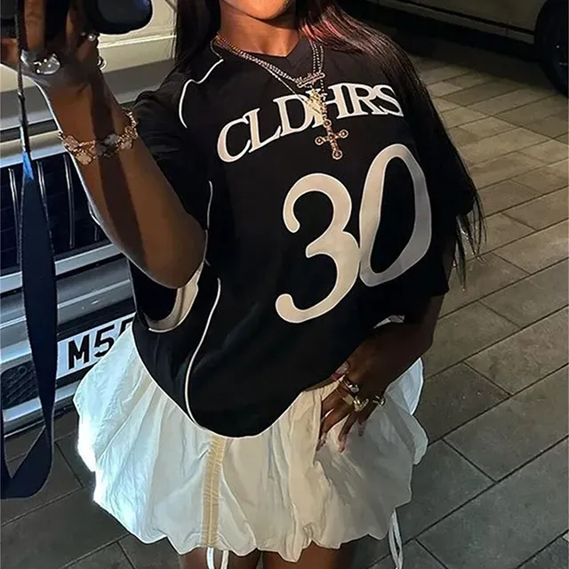 Fashion Women Clothing Boutique Jersey Top Ladies Letter Sports Print Loose Fitting Short Sleeve T-shirt Women Blouse