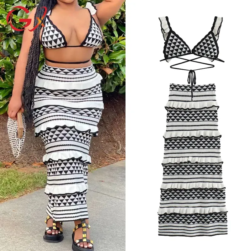 Summer Women’s 2-Piece Set – Sexy Knitted Bra Top &amp; Color Patchwork Cake Maxi Skirt – Boutique Beach Wear Outfit