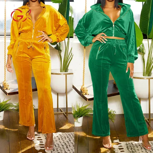 Fashion Spring Autumn Lady Street Wear Elegant Velour Tracksuit Long Sleeve Velvet Tops and Zipper Pant 2 Piece Set Women