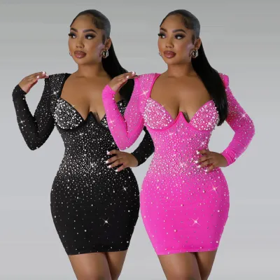 Fashion Fall Spring Solid Street Wear Square Neck Party Mini Dresses Long Sleeve Elegant Night Club Rhinestone Sexy Dress