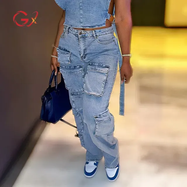 Women&#39;s Fashion Streetwear Multi-Pocket Straight Leg Jeans – Retro Casual Cargo Denim Pants – Washable &amp; Stylish