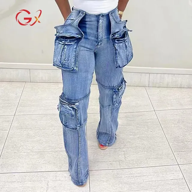 Spring Autumn Women&#39;s Fashion Street Wear Big Multi-pocket Straight Zipper Washable Jeans Retro Casual Cargo Denim Pant