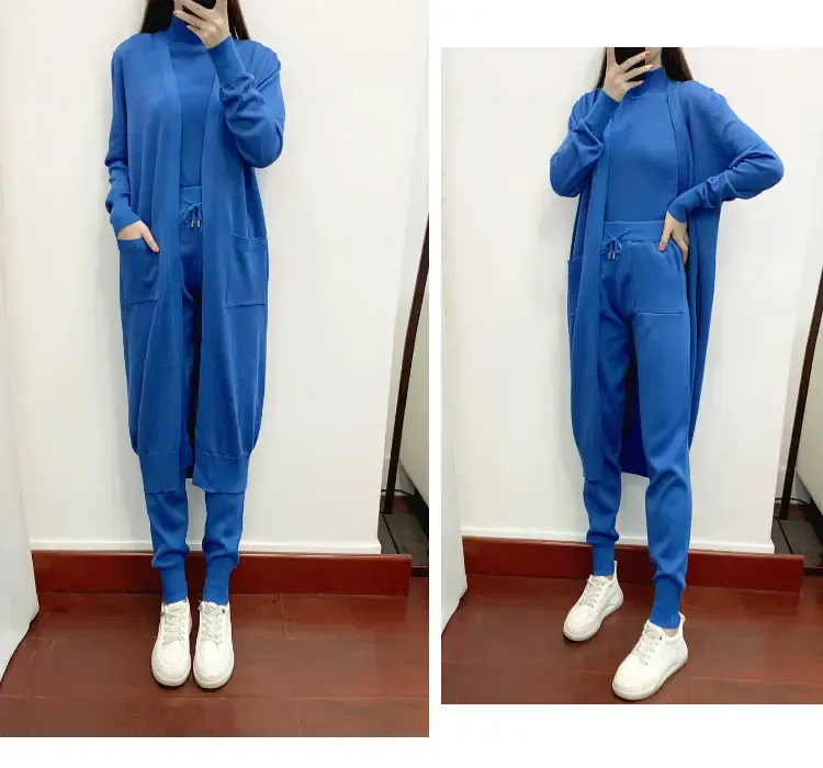 Fashion  Women Casual Sleeveless Turtleneck Tops with Long Coat and Pant Women Knit Street Wear 3 Piece Set