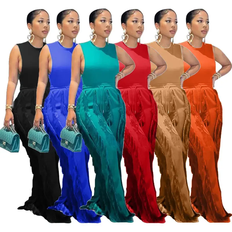 2025 Spring Summer Women&#39;s 2-Piece Tank Top and Wide Leg Tassel Pants Set