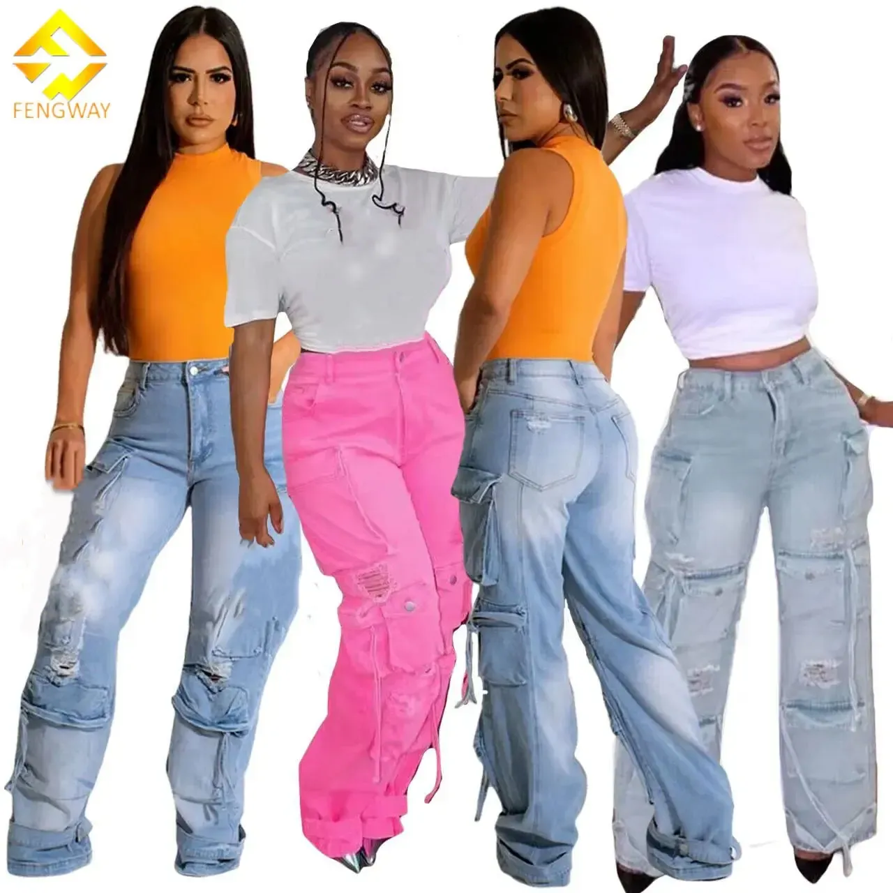 Retro Multi-Pocket Pants Women Cargo Denim Pants Streetwear Vintage Loose Straight Jeans